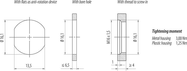 Instructions de montage / Découpe du panneau M12 Embase mâle, Contacts: 4+FE, non blindé, THR, IP67, UL 2238, M16x1,5, Montage frontal