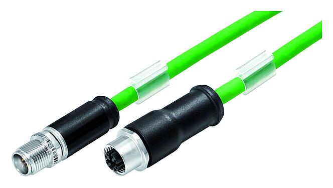 Illustration M12 Connecting cable male cable connector - female cable connector, Contacts: 8, shielded, moulded on the cable, IP67, UL, PUR, green, AWG 26/7, 10 m