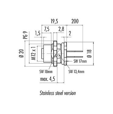 Scale drawing M12 Female panel mount connector, Contacts: 12, unshielded, single wires, IP68/IP69K, UL 2238, PG 9, Rear mounting, stainless steel, potted