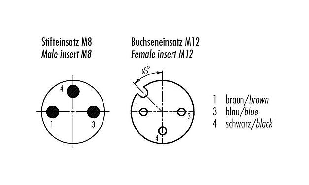Disposition des contacts (Côté plug-in) 77 3634 3405 50003-0200 - M8 Connecteur mâle - connecteur d‘angle femelle M12x1, Contacts: 3, non blindé, surmoulé sur le câble, IP67, PUR, noir, 3 x 0,25 mm², avec LED, PNP, 2 m