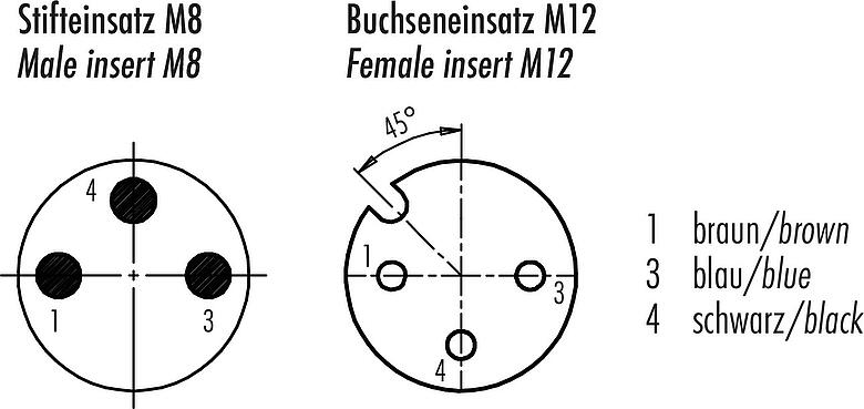 Contact arrangement (Plug-in side) M12/M8 Male cable connector - female angled connector, Contacts: 3, unshielded, moulded on the cable, IP67/IP69K, PUR, black, 3 x 0.25 mm², with LED PNP closer, 2 m