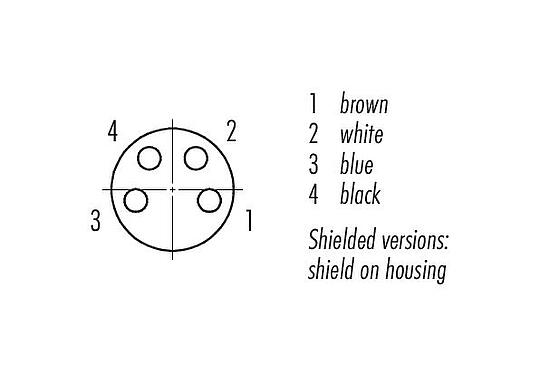 Disposición de los contactos (lado de la conexión) M8 Conector hembra en ángulo, Número de contactos: 4, blindado, moldeado en el cable, IP67, PUR, negro, 4 x 0,34 mm², 10 m