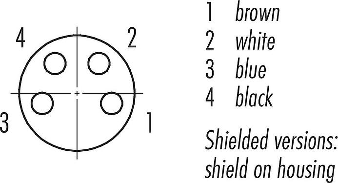 Contact arrangement (Plug-in side) M8 Female angled connector, Contacts: 4, shielded, moulded on the cable, IP67, PUR, black, 4 x 0.34 mm², 2 m