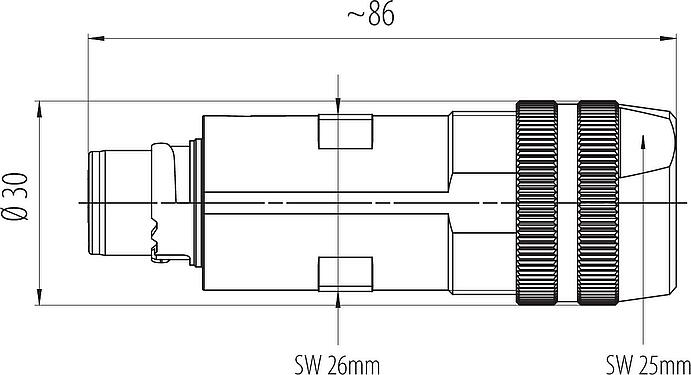 Dessin coté Baïonnette Connecteur mâle, Contacts: 6 (3+PE+2), 7,0-14,0 mm, blindable, pince à visser, IP67 enfiché et verrouillé, UL 2237