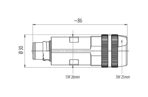 Dessin coté Baïonnette Connecteur mâle, Contacts: 6 (3+PE+2), 7,0-14,0 mm, blindable, pince à visser, IP67 enfiché et verrouillé, UL 2237
