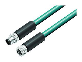 M8 Connecting cable male cable connector - female cable connector, Contacts: 4, shielded, moulded on the cable, IP67, Ethernet CAT5e, TPE, teal, 2 x 2 x AWG 24, 0.3 m