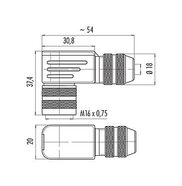 Scale drawing M16 Female angled connector, Contacts: 24, 6.0-8.0 mm, shieldable, solder, IP67, UL 2238