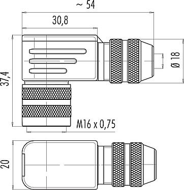 Dibujo a escala M16 Conector hembra en ángulo, Número de contactos: 12 (12-a), 6,0-8,0 mm, blindable, soldadura, IP67, UL 2238