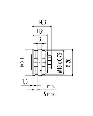 Scale drawing M16 Female panel mount connector, Contacts: 5 (05-a), unshielded, crimping (Crimp contacts must be ordered separately), IP67, UL 2238, M18x0,75, Front mounting