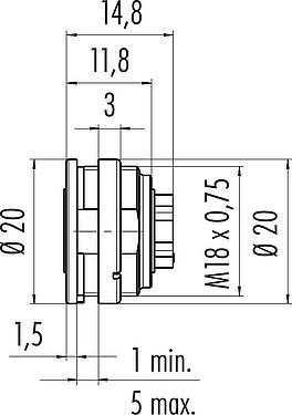 Scale drawing M16 Female panel mount connector, Contacts: 5 (05-a), unshielded, crimping (Crimp contacts must be ordered separately), IP67, UL 2238, M18x0,75, Front mounting
