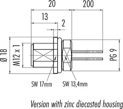 Scale drawing M12 Male panel mount connector, Contacts: 5, unshielded, single wires, IP68, UL 2238, PG 9, Front mounting