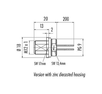 Scale drawing M12 Male panel mount connector, Contacts: 8, unshielded, single wires, IP68, UL 2238, PG 9, Front mounting