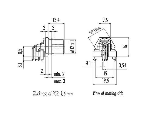 Dibujo a escala M12 Enchufe de ángulo brida, Número de contactos: 5, blindable, THR, IP68, UL 2238, Montaje en pared, para montaje de PCB