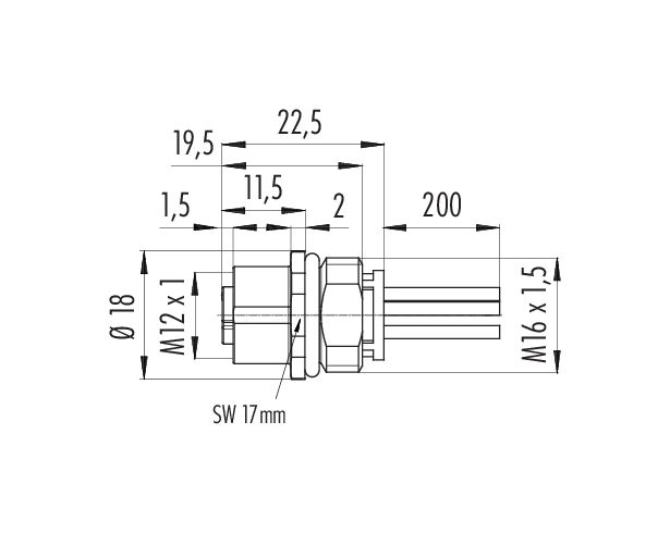 M12, Female panel mount connector, IP68, unshielded