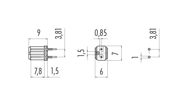 Dessin coté Encastrable mâle, Contacts: 2, non blindé, THT, IP67