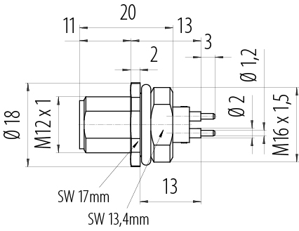 Dessin coté M12 Embase mâle, Contacts: 4, non blindé, THT, IP68, UL 2238, M16x1,5, Montage frontal