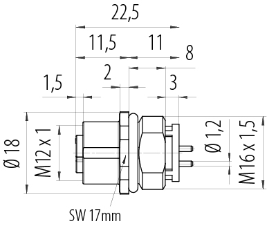Scale drawing M12 Female panel mount connector, Contacts: 4, unshielded, THR, IP68, UL 2238, M16x1.5, Front mounting