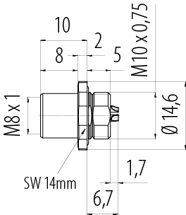Scale drawing M8 Female panel mount connector, Contacts: 4, solder, IP67/IP69K, M10x0.75, Front mounting, with solder cups