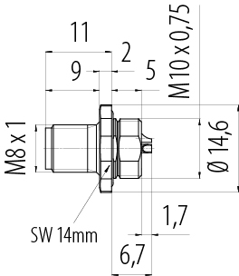 Scale drawing M8 Male panel mount connector, Contacts: 3, solder, IP67/IP69K, M10x0.75, Front mounting, with solder cups