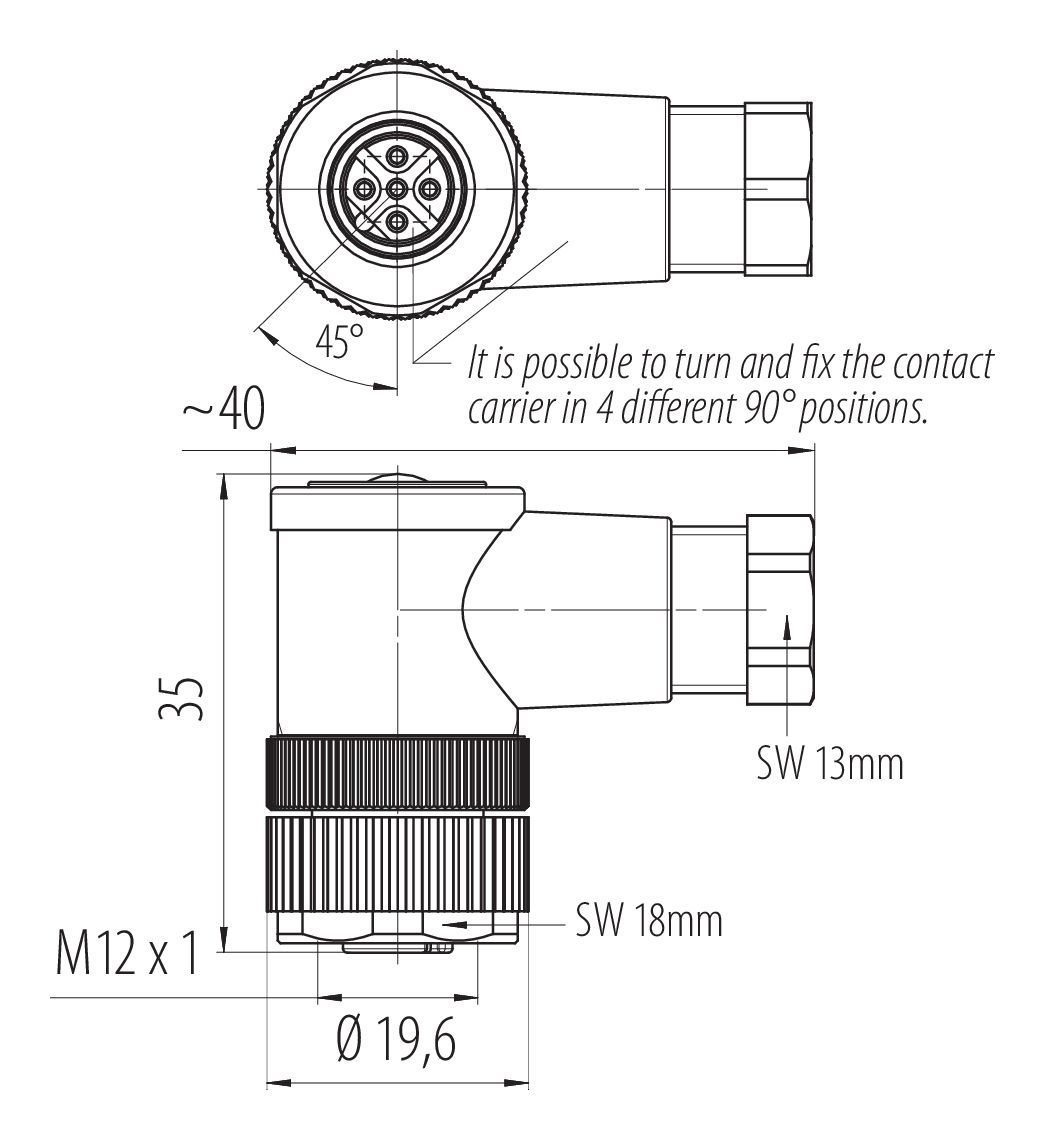 M12, Female angled connector, IP67, unshielded, Contacts: 5