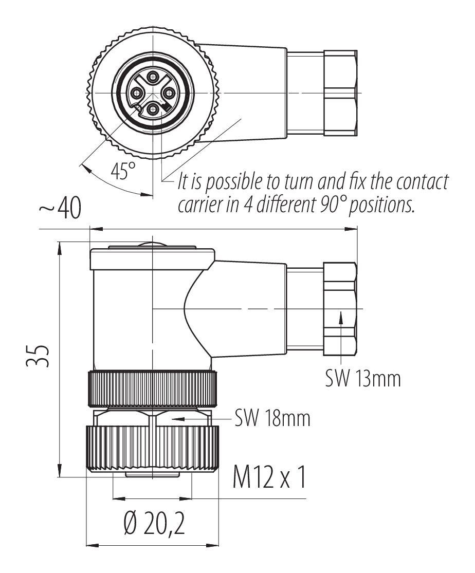 M12, Female angled connector, IP67, unshielded, Contacts: 4