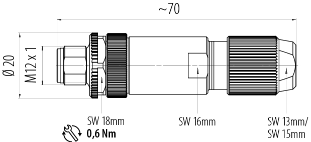 Scale drawing M12 Male cable connector, Contacts: 4, 5.0-8.0 mm, shieldable, screw clamp, IP67, UL 2238, iris spring