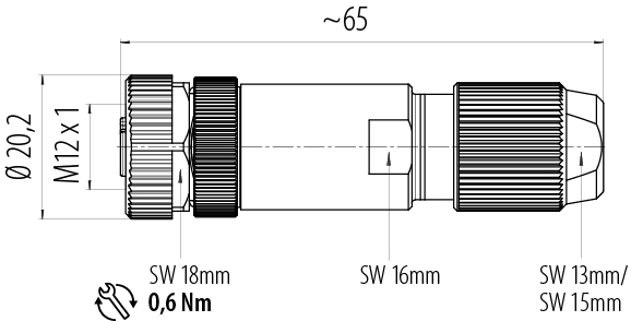 Scale drawing M12 Female cable connector, Contacts: 8, 5.0-8.0 mm, shieldable, screw clamp, IP67, UL 2238, iris spring