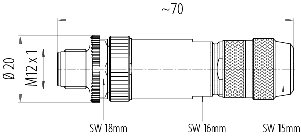 Scale drawing M12 Male cable connector, Contacts: 4, 8.0-9.0 mm, shieldable, screw clamp, IP67, UL 2238, iris spring