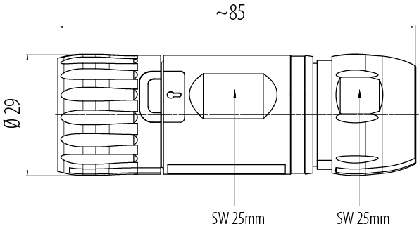 Scale drawing B23 Female cable connector, Contacts: 9 (4+PE + 4), 8,0-17,0 mm, screw clamp, IP67, ENP: Power pin / Data socket