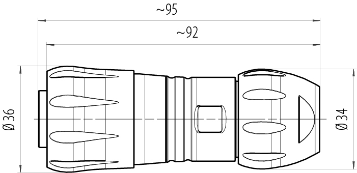 Dibujo a escala Bayoneta Conector de cable hembra, Número de contactos: 4+PE, sin blindaje, tornillo extraíble, IP67, UL 2238 (en preparación), UV-Beständig