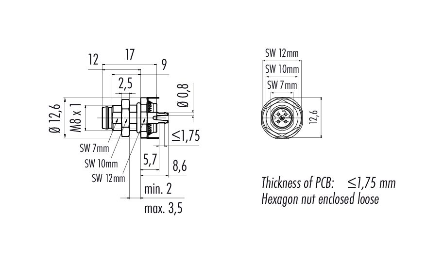 M8, Male panel mount connector, IP67, shieldable, Contacts: 4 | 86