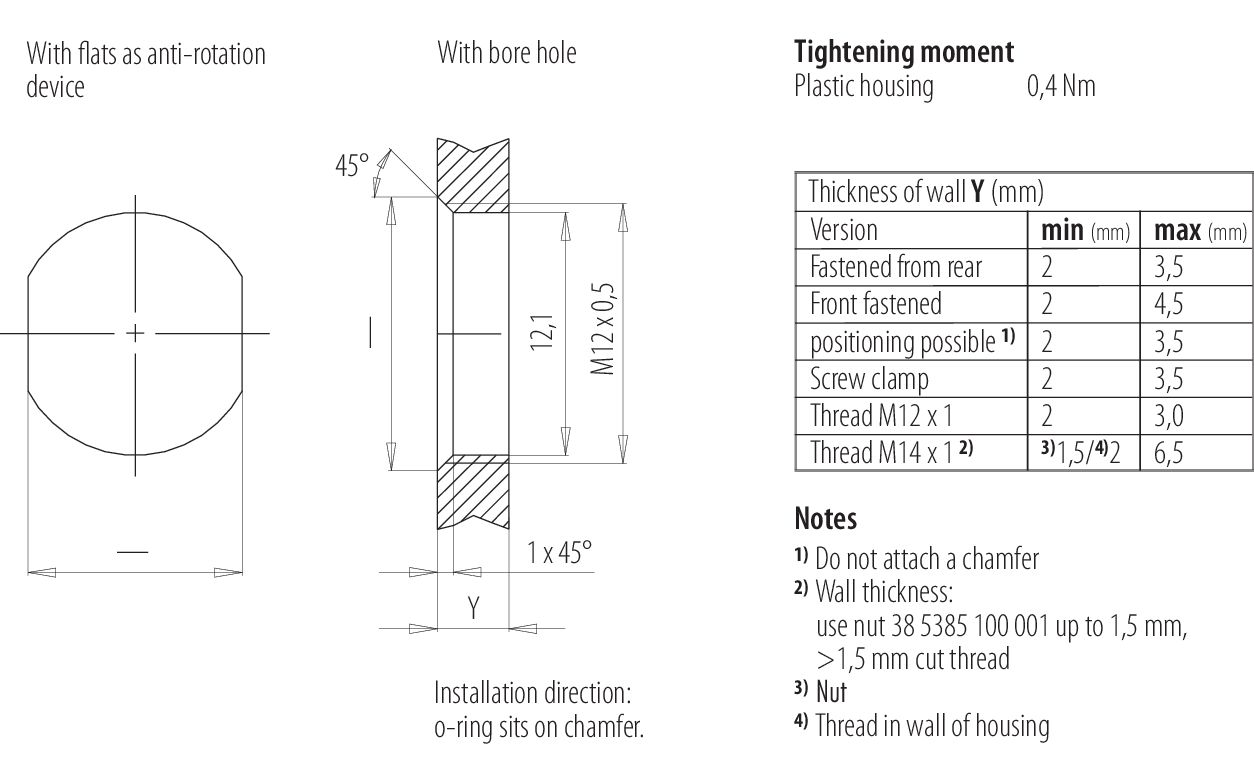 Instructions de montage / Découpe du panneau M12 Embase mâle, Contacts: 5, non blindé, souder, IP67, M12x0,5, Montage frontal