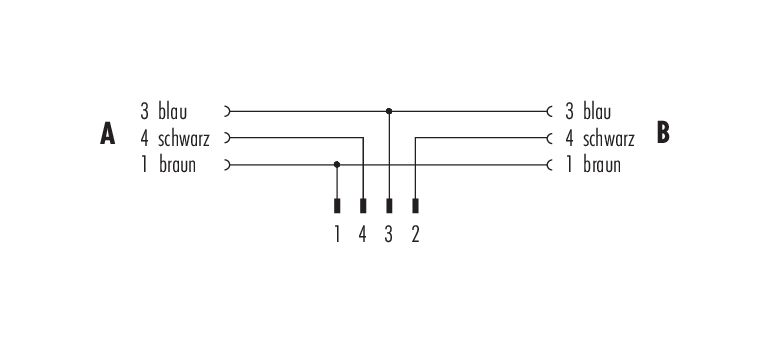 Schémas d’affectation des broches 77 9805 3406 50003-0060 - M8 Duo connecteur mâle - 2 connecteurs femelle M8x1, Contacts: 4/3, non blindé, surmoulé sur le câble, IP67, PUR, noir, 3 x 0,34 mm², 0,6 m