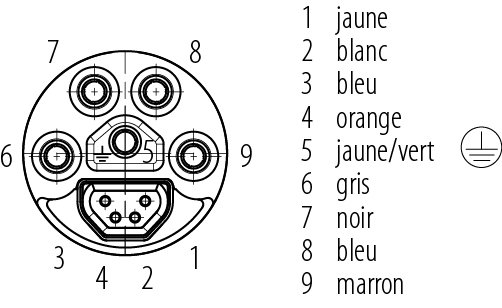 Disposition des contacts (Côté plug-in) B23 Connecteur femelle, Contacts: 9 (4+PE + 4), 8.0-17.0 mm, pince à visser, IP67, ENP : Broche d'alimentation / Prise de données