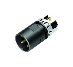 Illustration (may vary) M12 Male receptacle, Contacts: 4, shielded, THR, IP68 plugged and locked, Front mounting, angled, for centered PCB mounting