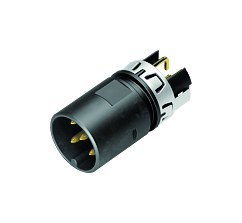 Illustration (may vary) M12 Male receptacle, Contacts: 5, shielded, THR, IP68 plugged and locked, Front mounting, angled, for centered PCB mounting